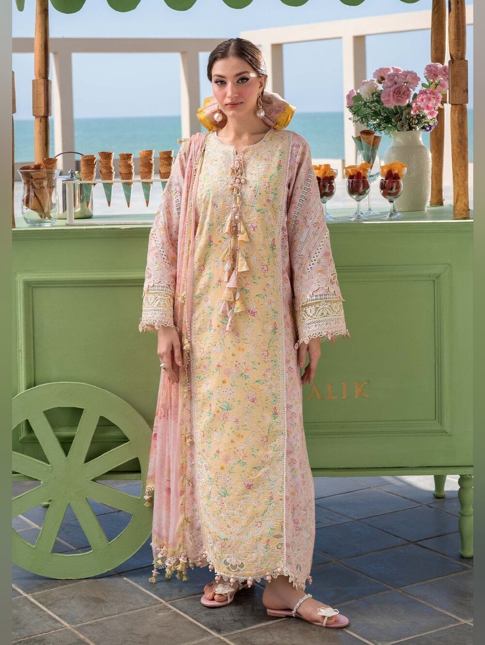 Kanwal Malik -Authentic Pastel Pink & Yellow Embroidered Lawn 3 Pc Suit